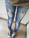 Women Stretch Cotton Fake Hole Imitation Jeans Polyester Spandex Leggings Sexy Pants Clearance